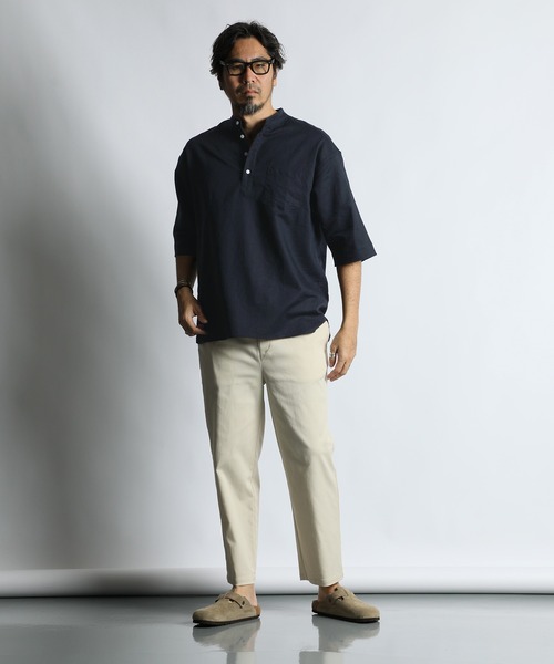 The DUFFER of ST.GEORGE（ザダファーオブセントジョージ）の「LINEN BLEND BAND COLLAR 3Q SHIRT：綿麻素材 7分袖 バンドカラーシャツ（シャツ/ブラウス・メンズ・チャコールグレー/ブラック/ネイビー/ホワイト・X-LARGE/LARGE/MEDIUM/SMALL）」の12枚目の写真