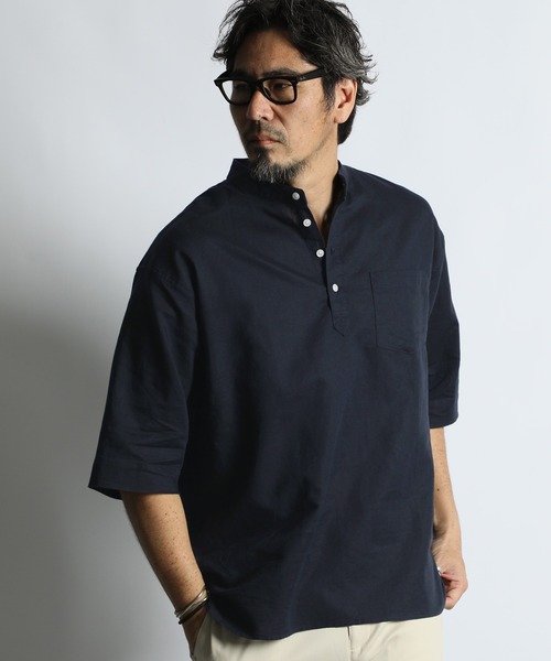 The DUFFER of ST.GEORGE（ザダファーオブセントジョージ）の「LINEN BLEND BAND COLLAR 3Q SHIRT：綿麻素材 7分袖 バンドカラーシャツ（シャツ/ブラウス・メンズ・チャコールグレー/ブラック/ネイビー/ホワイト・X-LARGE/LARGE/MEDIUM/SMALL）」の11枚目の写真