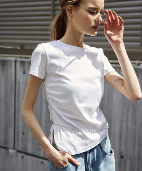 ELTONE(エルトーン)の「サイドギャザーショートスリーブTシャツ(Tシャツ/カットソー・レディース・ホワイト/ピンク/ネイビー・FREE)」の2枚目の写真