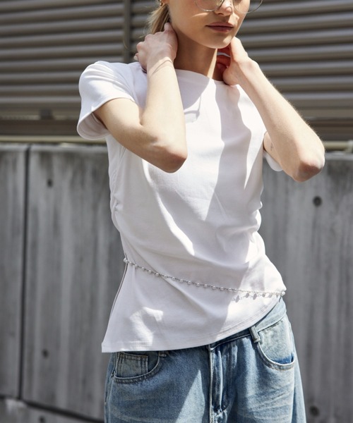 ELTONE(エルトーン)の「サイドギャザーショートスリーブTシャツ(Tシャツ/カットソー・レディース・ホワイト/ピンク/ネイビー・FREE)」の5枚目の写真