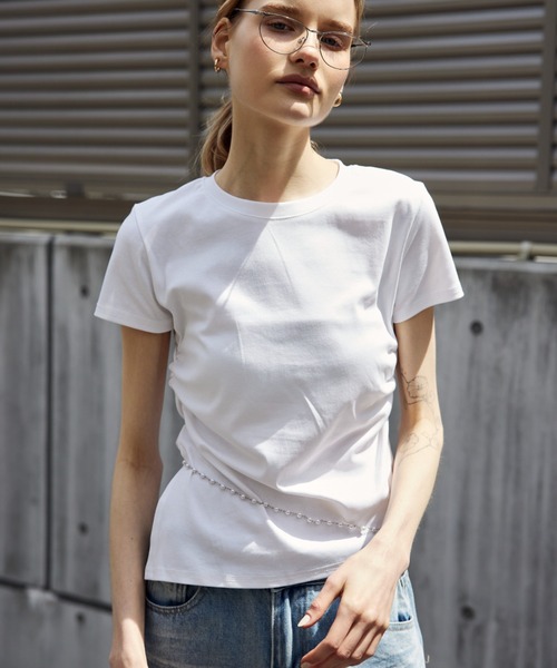 ELTONE(エルトーン)の「サイドギャザーショートスリーブTシャツ(Tシャツ/カットソー・レディース・ホワイト/ピンク/ネイビー・FREE)」の4枚目の写真