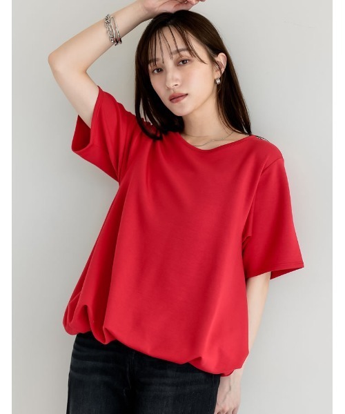 Re:EDIT（リエディ）の「[UVカット][接触冷感][シワになりにくい]マシュマロポンチ裾バルーントップス（Tシャツ/カットソー・レディース・オフホワイト/杢グレー/レッド/ブラック・MEDIUM/LARGE）」の19枚目の写真