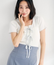 2026春夏新作 ラメ配色リボン半袖アイレットリブニット