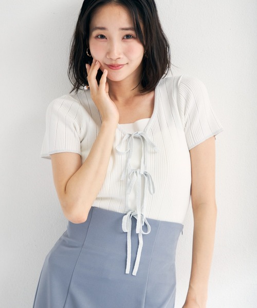 machatt アイレット リブトップス ホワイト セール】2026春夏新作 ラメ配色リボン半袖アイレットリブニット