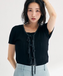 2026春夏新作 ラメ配色リボン半袖アイレットリブニット