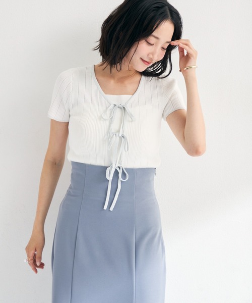 MISCH MASCH(ミッシュマッシュ)の「2026春夏新作 ラメ配色リボン半袖アイレットリブニット(ニット/セーター・レディース・モカ/ホワイト/ライトグリーン/ブラック・フリ-)」の7枚目の写真