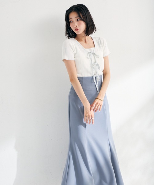 MISCH MASCH(ミッシュマッシュ)の「2026春夏新作 ラメ配色リボン半袖アイレットリブニット(ニット/セーター・レディース・モカ/ホワイト/ライトグリーン/ブラック・フリ-)」の8枚目の写真