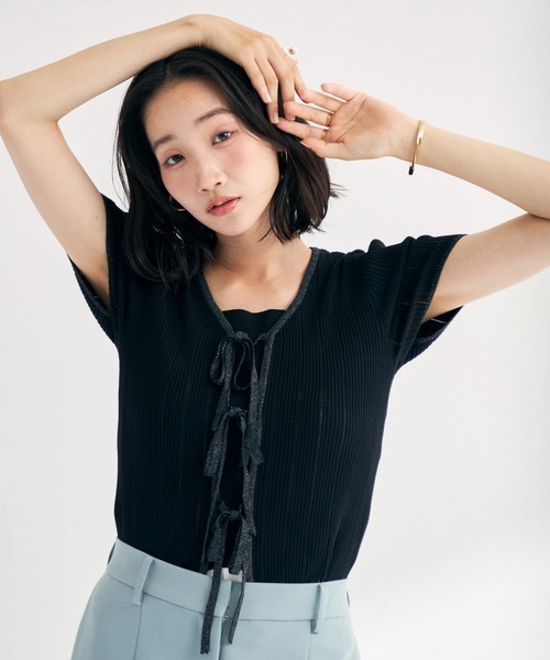 MISCH MASCH(ミッシュマッシュ)の「2026春夏新作 ラメ配色リボン半袖アイレットリブニット(ニット/セーター・レディース・モカ/ホワイト/ライトグリーン/ブラック・フリ-)」の12枚目の写真