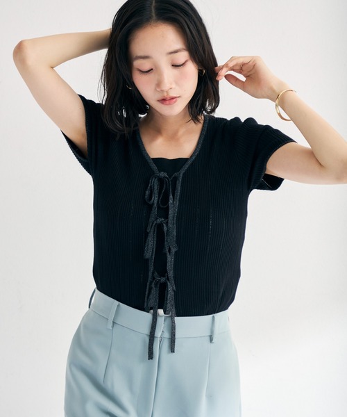 MISCH MASCH(ミッシュマッシュ)の「2026春夏新作 ラメ配色リボン半袖アイレットリブニット(ニット/セーター・レディース・モカ/ホワイト/ライトグリーン/ブラック・フリ-)」の13枚目の写真