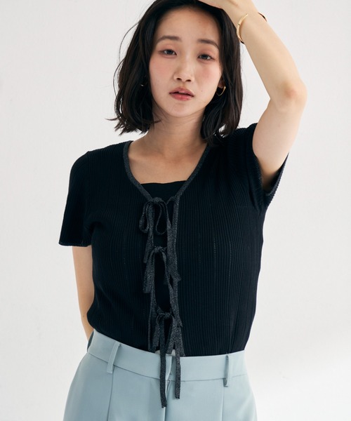 MISCH MASCH(ミッシュマッシュ)の「2026春夏新作 ラメ配色リボン半袖アイレットリブニット(ニット/セーター・レディース・モカ/ホワイト/ライトグリーン/ブラック・フリ-)」の17枚目の写真