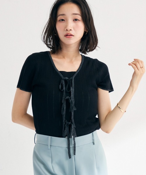 MISCH MASCH(ミッシュマッシュ)の「2026春夏新作 ラメ配色リボン半袖アイレットリブニット(ニット/セーター・レディース・モカ/ホワイト/ライトグリーン/ブラック・フリ-)」の18枚目の写真