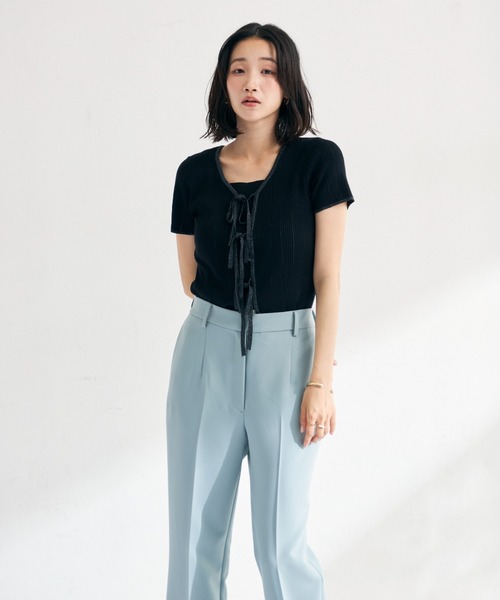 MISCH MASCH(ミッシュマッシュ)の「2026春夏新作 ラメ配色リボン半袖アイレットリブニット(ニット/セーター・レディース・モカ/ホワイト/ライトグリーン/ブラック・フリ-)」の16枚目の写真