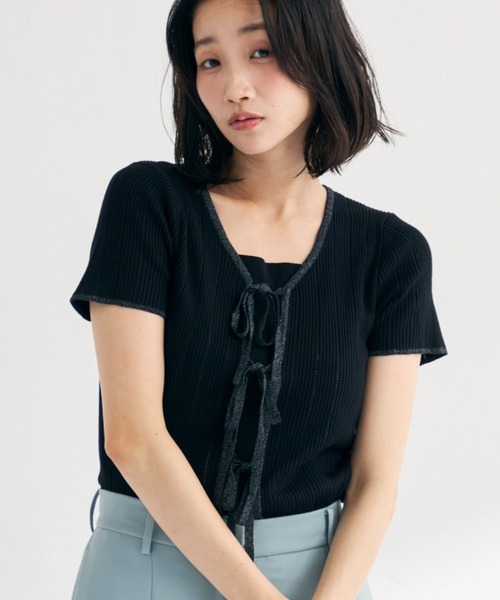 MISCH MASCH(ミッシュマッシュ)の「2026春夏新作 ラメ配色リボン半袖アイレットリブニット(ニット/セーター・レディース・モカ/ホワイト/ライトグリーン/ブラック・フリ-)」の10枚目の写真