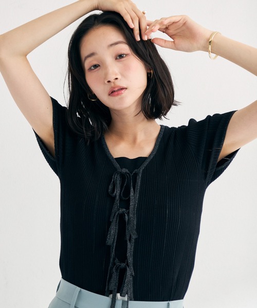 MISCH MASCH(ミッシュマッシュ)の「2026春夏新作 ラメ配色リボン半袖アイレットリブニット(ニット/セーター・レディース・モカ/ホワイト/ライトグリーン/ブラック・フリ-)」の11枚目の写真
