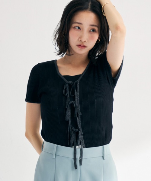 MISCH MASCH(ミッシュマッシュ)の「2026春夏新作 ラメ配色リボン半袖アイレットリブニット(ニット/セーター・レディース・モカ/ホワイト/ライトグリーン/ブラック・フリ-)」の14枚目の写真