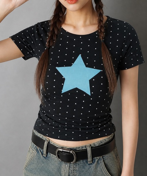 SPINNS(スピンズ)の「半袖Tシャツ/ドットスター(Tシャツ/カットソー・レディース・ホワイト/ネイビー・ONESIZE)」の2枚目の写真