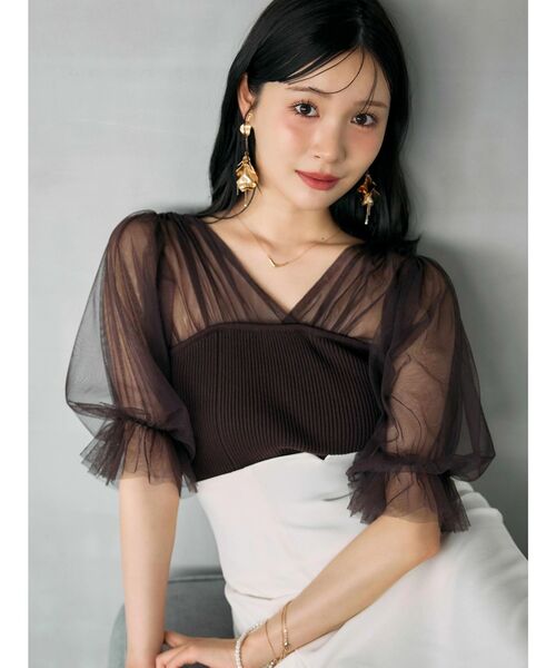 MERCURYDUO(マーキュリーデュオ)の「チュールギャザー使いニット(ニット/セーター・レディース・ベビーピンク/オフホワイト/ダークブラウン・FREE)」の1枚目の写真