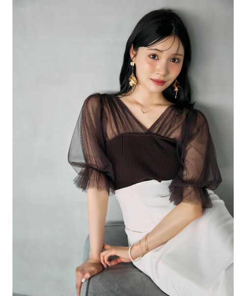 MERCURYDUO(マーキュリーデュオ)の「チュールギャザー使いニット(ニット/セーター・レディース・ベビーピンク/オフホワイト/ダークブラウン・FREE)」の6枚目の写真