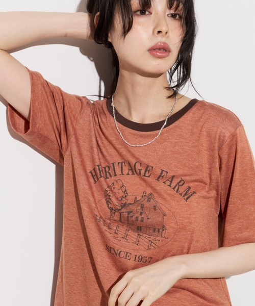 Unitage(ユニテージ)の「farmプリントリンガーTEE(Tシャツ/カットソー・レディース・オレンジ/サックスブルー/ブラック・FREE)」の3枚目の写真