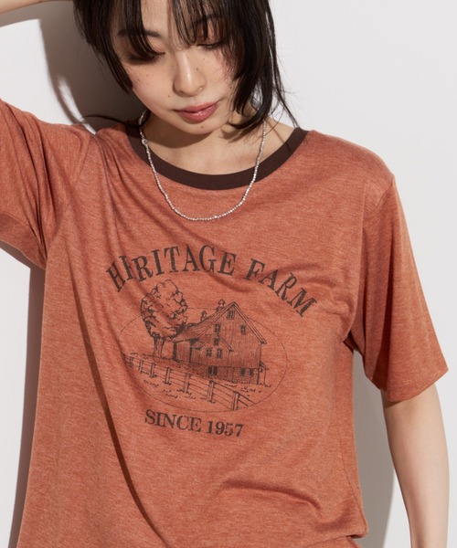 Unitage(ユニテージ)の「farmプリントリンガーTEE(Tシャツ/カットソー・レディース・オレンジ/サックスブルー/ブラック・FREE)」の4枚目の写真