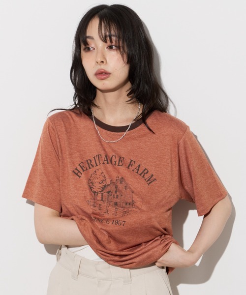 Unitage(ユニテージ)の「farmプリントリンガーTEE(Tシャツ/カットソー・レディース・オレンジ/サックスブルー/ブラック・FREE)」の6枚目の写真