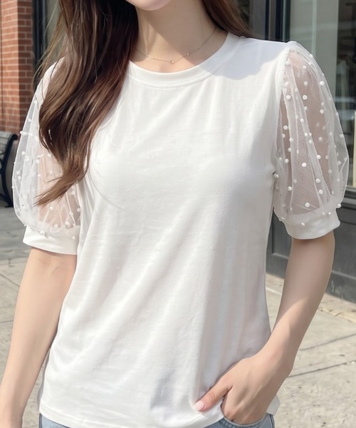umune(ウムネ)の「Tシャツ 半袖 ドット柄 チュール パフスリーブ ボリューム袖 切り替え カットソー 丸首 異素材 シースルー 透け感 大人可愛い(Tシャツ/カットソー・レディース・ピンク/オフホワイト/ブラック・FREE)」の2枚目の写真