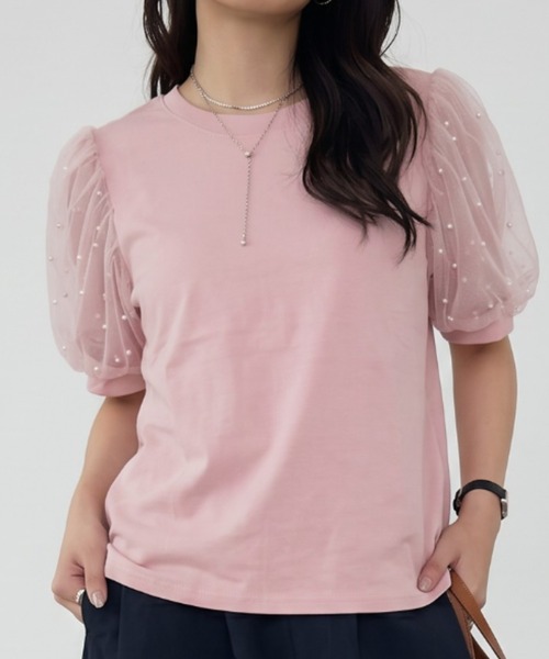 umune(ウムネ)の「Tシャツ 半袖 ドット柄 チュール パフスリーブ ボリューム袖 切り替え カットソー 丸首 異素材 シースルー 透け感 大人可愛い(Tシャツ/カットソー・レディース・ピンク/オフホワイト/ブラック・FREE)」の1枚目の写真