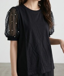 Tシャツ 半袖 ドット柄 チュール パフスリーブ ボリューム袖 切り替え カットソー 丸首 異素材 シースルー 透け感 大人可愛い