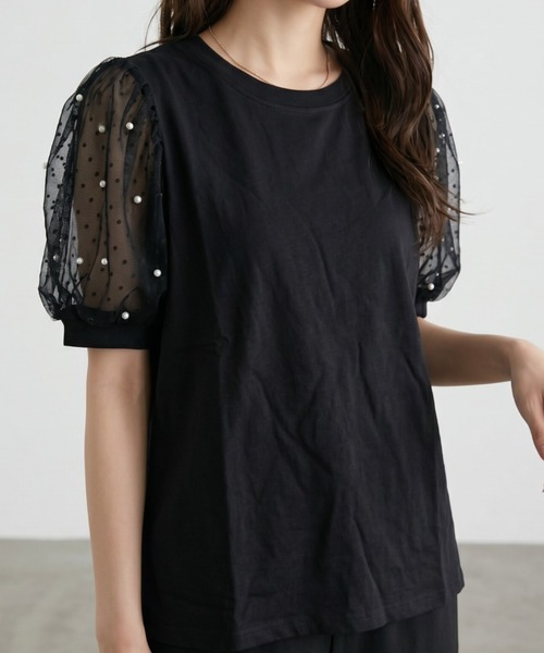 umune(ウムネ)の「Tシャツ 半袖 ドット柄 チュール パフスリーブ ボリューム袖 切り替え カットソー 丸首 異素材 シースルー 透け感 大人可愛い(Tシャツ/カットソー・レディース・ピンク/オフホワイト/ブラック・FREE)」の3枚目の写真