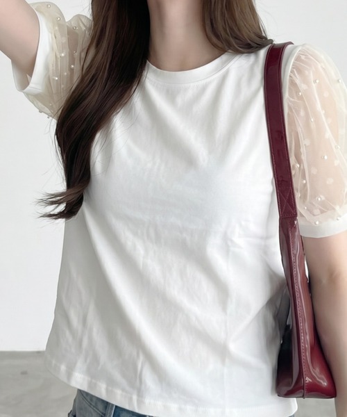 umune(ウムネ)の「Tシャツ 半袖 ドット柄 チュール パフスリーブ ボリューム袖 切り替え カットソー 丸首 異素材 シースルー 透け感 大人可愛い(Tシャツ/カットソー・レディース・ピンク/オフホワイト/ブラック・FREE)」の4枚目の写真