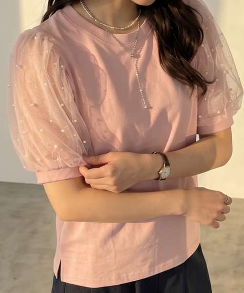 umune(ウムネ)の「Tシャツ 半袖 ドット柄 チュール パフスリーブ ボリューム袖 切り替え カットソー 丸首 異素材 シースルー 透け感 大人可愛い(Tシャツ/カットソー・レディース・ピンク/オフホワイト/ブラック・FREE)」の7枚目の写真