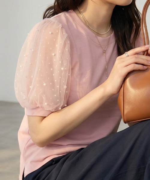 umune(ウムネ)の「Tシャツ 半袖 ドット柄 チュール パフスリーブ ボリューム袖 切り替え カットソー 丸首 異素材 シースルー 透け感 大人可愛い(Tシャツ/カットソー・レディース・ピンク/オフホワイト/ブラック・FREE)」の8枚目の写真