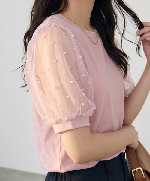 umune(ウムネ)の「Tシャツ 半袖 ドット柄 チュール パフスリーブ ボリューム袖 切り替え カットソー 丸首 異素材 シースルー 透け感 大人可愛い(Tシャツ/カットソー・レディース・ピンク/オフホワイト/ブラック・FREE)」の9枚目の写真