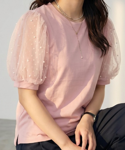umune(ウムネ)の「Tシャツ 半袖 ドット柄 チュール パフスリーブ ボリューム袖 切り替え カットソー 丸首 異素材 シースルー 透け感 大人可愛い(Tシャツ/カットソー・レディース・ピンク/オフホワイト/ブラック・FREE)」の10枚目の写真
