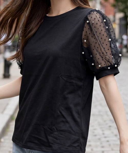 umune(ウムネ)の「Tシャツ 半袖 ドット柄 チュール パフスリーブ ボリューム袖 切り替え カットソー 丸首 異素材 シースルー 透け感 大人可愛い(Tシャツ/カットソー・レディース・ピンク/オフホワイト/ブラック・FREE)」の5枚目の写真