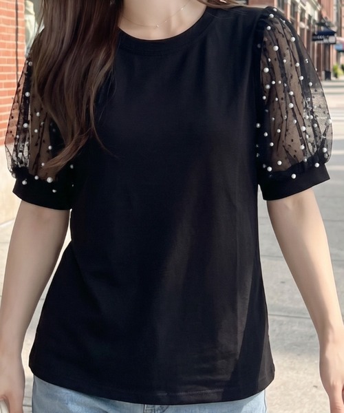 umune(ウムネ)の「Tシャツ 半袖 ドット柄 チュール パフスリーブ ボリューム袖 切り替え カットソー 丸首 異素材 シースルー 透け感 大人可愛い(Tシャツ/カットソー・レディース・ピンク/オフホワイト/ブラック・FREE)」の6枚目の写真