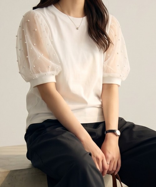 umune(ウムネ)の「Tシャツ 半袖 ドット柄 チュール パフスリーブ ボリューム袖 切り替え カットソー 丸首 異素材 シースルー 透け感 大人可愛い(Tシャツ/カットソー・レディース・ピンク/オフホワイト/ブラック・FREE)」の11枚目の写真