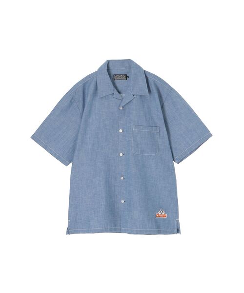 HYSTERIC GLAMOUR(ヒステリックグラマー)の「SEE NO EVILワッペン オープンカラーシャツ(シャツ/ブラウス・メンズ・ブルー/ブラック・MEDIUM/SMALL/X-LARGE/LARGE)」の1枚目の写真
