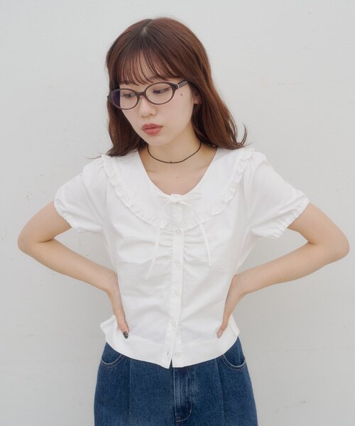 DISCOAT(ディスコート)の「【umm.】胸ギャザーフリル半袖ブラウス(シャツ/ブラウス・レディース・ネイビー/オフホワイト・FREE)」の10枚目の写真