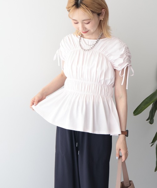 AMERICAN HOLIC(アメリカンホリック)の「【接触冷感】シャーリングショルダーリボンプルオーバー(Tシャツ/カットソー・レディース・ライトピンク/オフホワイト/ブラック・M/L)」の3枚目の写真