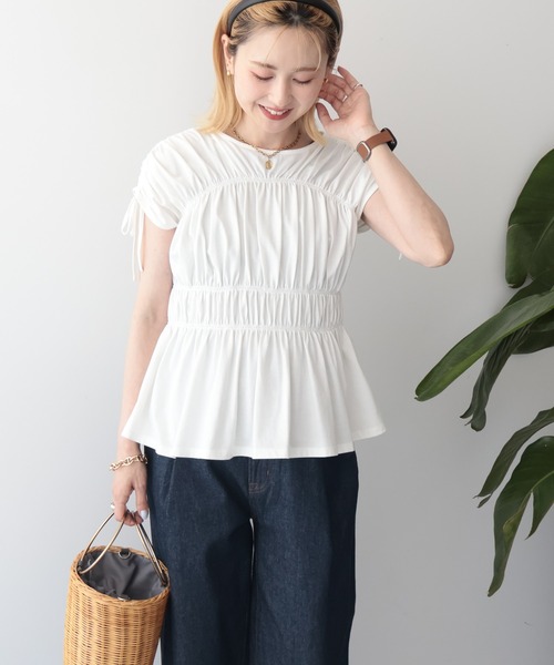 AMERICAN HOLIC(アメリカンホリック)の「【接触冷感】シャーリングショルダーリボンプルオーバー(Tシャツ/カットソー・レディース・ライトピンク/オフホワイト/ブラック・M/L)」の1枚目の写真