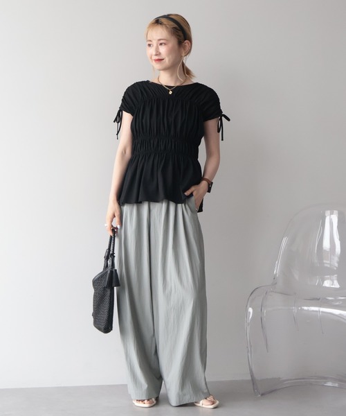 AMERICAN HOLIC(アメリカンホリック)の「【接触冷感】シャーリングショルダーリボンプルオーバー(Tシャツ/カットソー・レディース・ライトピンク/オフホワイト/ブラック・M/L)」の16枚目の写真