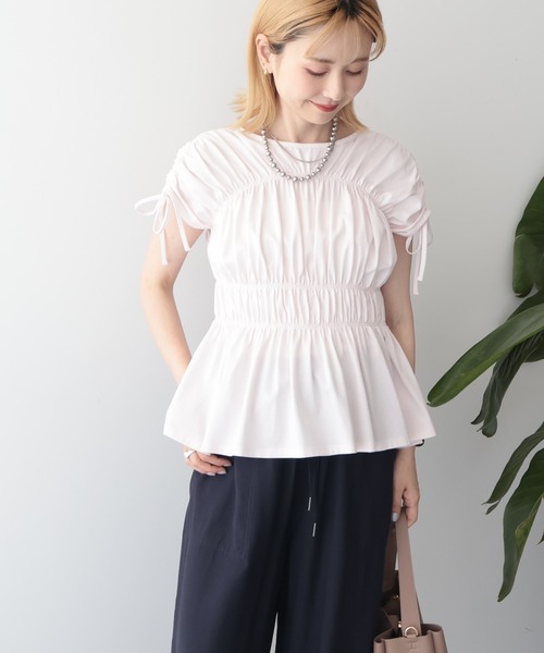 AMERICAN HOLIC(アメリカンホリック)の「【接触冷感】シャーリングショルダーリボンプルオーバー(Tシャツ/カットソー・レディース・ライトピンク/オフホワイト/ブラック・M/L)」の6枚目の写真