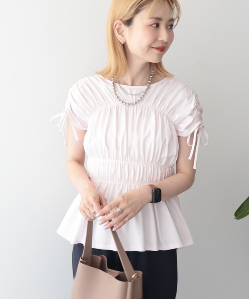 AMERICAN HOLIC(アメリカンホリック)の「【接触冷感】シャーリングショルダーリボンプルオーバー(Tシャツ/カットソー・レディース・ライトピンク/オフホワイト/ブラック・M/L)」の8枚目の写真