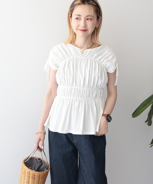 AMERICAN HOLIC(アメリカンホリック)の「【接触冷感】シャーリングショルダーリボンプルオーバー(Tシャツ/カットソー・レディース・ライトピンク/オフホワイト/ブラック・M/L)」の13枚目の写真