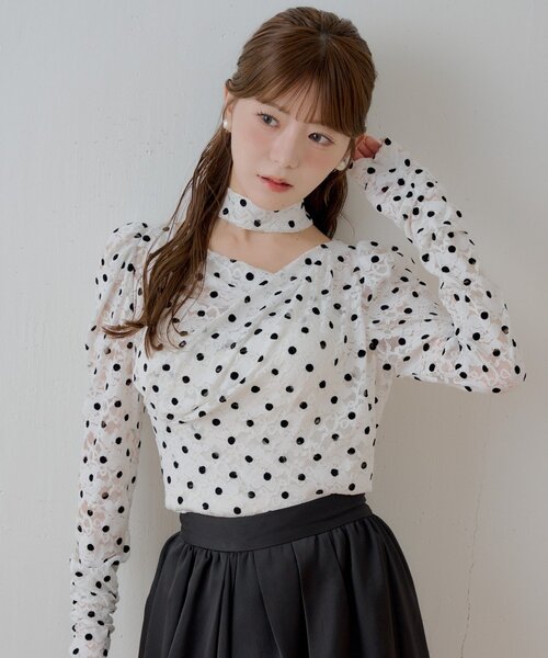 Chico(チコ)の「REVIVAL【SALON by Chico】フロッキードットレーストップス(シャツ/ブラウス・レディース・ライトベージュ/ブラウン/ホワイト・FREE)」の14枚目の写真