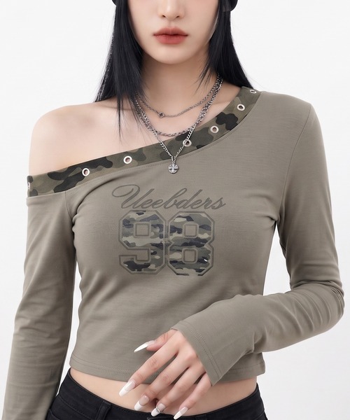 non-hedge(ノンヘッジ)の「迷彩切替ワンショルダーロンT(Tシャツ/カットソー・レディース・ブラック/チャコールグレー/オフホワイト/カーキ・FREE)」の1枚目の写真