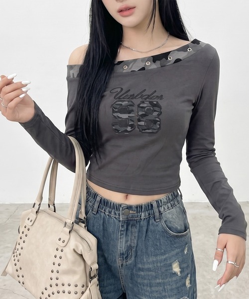 non-hedge(ノンヘッジ)の「迷彩切替ワンショルダーロンT(Tシャツ/カットソー・レディース・ブラック/チャコールグレー/オフホワイト/カーキ・FREE)」の4枚目の写真
