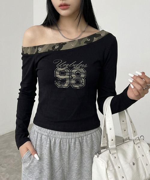 non-hedge(ノンヘッジ)の「迷彩切替ワンショルダーロンT(Tシャツ/カットソー・レディース・ブラック/チャコールグレー/オフホワイト/カーキ・FREE)」の3枚目の写真