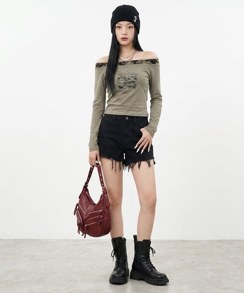 non-hedge(ノンヘッジ)の「迷彩切替ワンショルダーロンT(Tシャツ/カットソー・レディース・ブラック/チャコールグレー/オフホワイト/カーキ・FREE)」の5枚目の写真